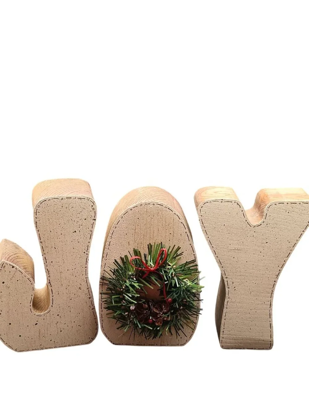 Wooden JOY Letters with Mini Wreath & Christmas Tree Decor Set - Rustic Vintage